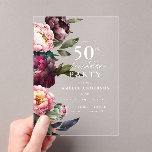 50e verjaardag Moderne Moody Bourgondië Blush Bloe Acryl Uitnodigingen (Insitu (Draagbaar))