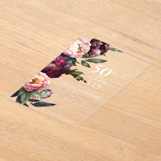 50e verjaardag Moderne Moody Bourgondië Blush Bloe Acryl Uitnodigingen (Laagn)