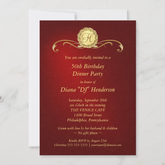 50e verjaardag -  monogram rood en goud kaart (Achterkant)