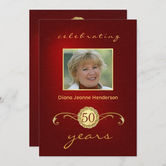 50e verjaardag -  monogram rood en goud kaart (Voorkant / Achterkant)
