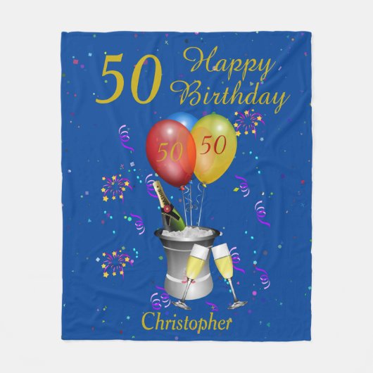 50e verjaardag Mousserende wijn herbering blauw Fleece Deken (Voorkant)