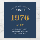 50e verjaardag naam 1976 Blauw goud Elegant Chic Wijn Etiket (Enkel label)