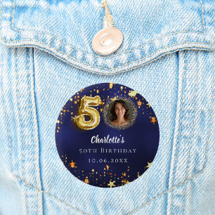 50e verjaardag navy blauw goud sterren foto ronde button 5,7 cm