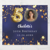50e verjaardag navy blauw goud sterren foto sparkling wijnetiket (Enkel label)