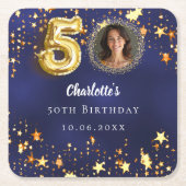 50e verjaardag navy blauw goud sterren foto vierkante kartonnen onderzetter (Voorkant)