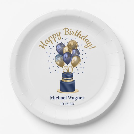 50e verjaardag Navy Blue Balloon Cake Papieren Bordje (Voorkant)