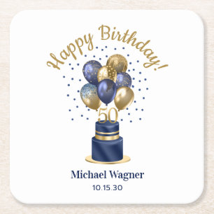 50e verjaardag Navy Blue Balloon Cake Vierkante Kartonnen Onderzetter