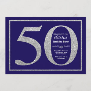 50e verjaardag Navy Blue en Silver Glitter Kaart