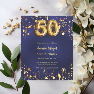 50e verjaardag Navy Blue Gold Stars Uitnodiging