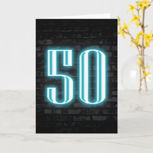 50e verjaardag Neon Sign on Brick Kaart (Gele Bloem)
