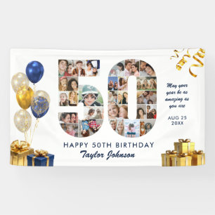 50e verjaardag Nummer 50 Fotocollage Wit Goud Spandoek