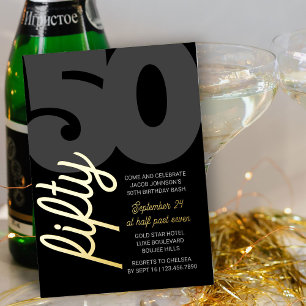 50e verjaardag Oversized Fifty script zwart goud Folie Uitnodiging