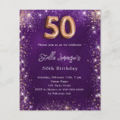 50e Verjaardag paarse roos gouden uitnodiging (Voorkant)