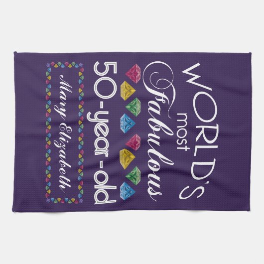 50e verjaardag Pareltjes Paars met de meest verblu Theedoek (Horizontaal)