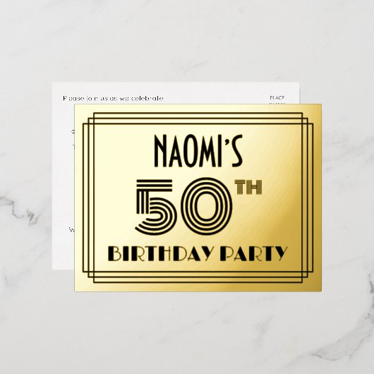 50e verjaardag partij ~ Art Deco Style "50" + naam Folie Uitnodiging Briefkaart (Voorkant / Achterkant)