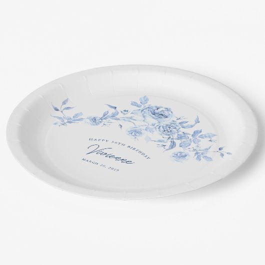 50e Verjaardag Party Blauw Roos Bloemen Custom Papieren Bordje (Gekanteld)