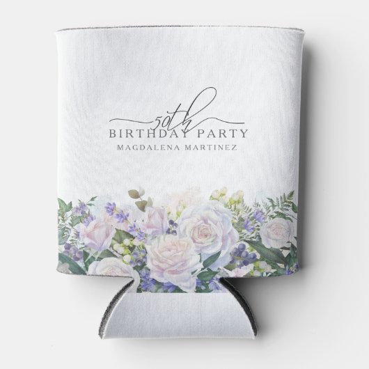 50e Verjaardag Party Blauw Wit Bloemen Custom Blikjeskoeler (Voorkant)