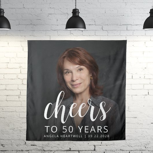 50e verjaardag Party Foto Wit Script Cheers Wandkleed
