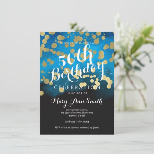 50e Verjaardag Party Gold Glitter Blue Waterverf Kaart (Staand voorkant)