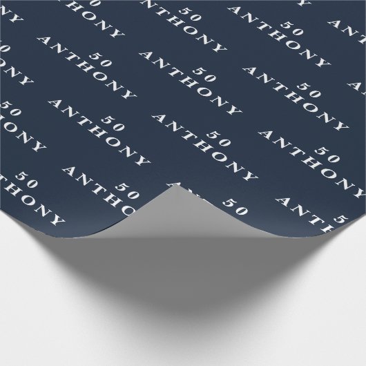 50e verjaardag Party Naam Marine Blauw Modern Patr Cadeaupapier (Hoek)