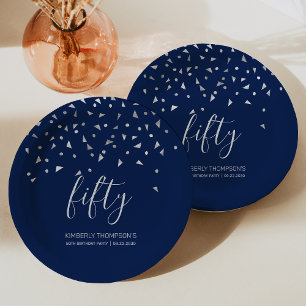 50e Verjaardag Party Navy Blue Silver Confetti Papieren Bordje
