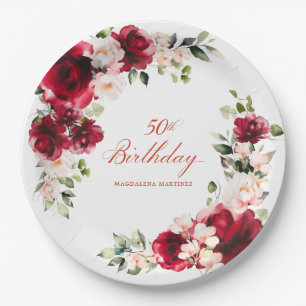 50e Verjaardag Party Rood Roze Bloemen Custom Pape Papieren Bordje