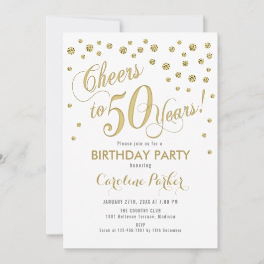 50e verjaardag Party uitnodiging - Goud Wit (Voorkant)