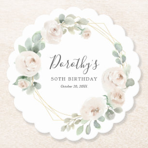 50e Verjaardag Party Witte Roos Bloemen Custom Kartonnen Onderzetters
