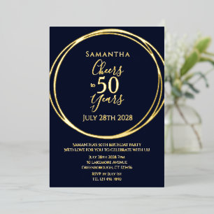 50e verjaardag Proost op 50 jaar Party Navy Gold Folie Uitnodiging