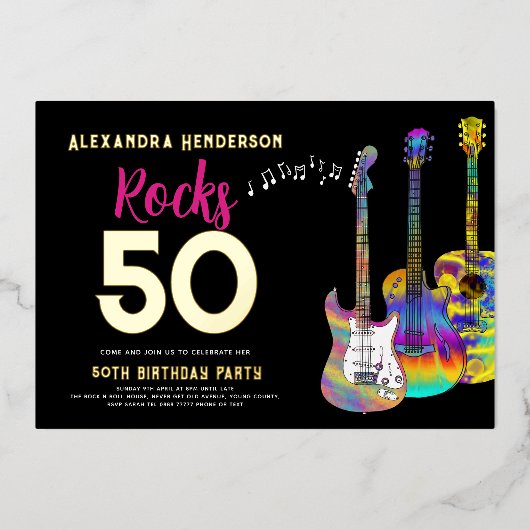 50e verjaardag Rocks 50 Partij Roze Folie Uitnodiging (Voorkant)