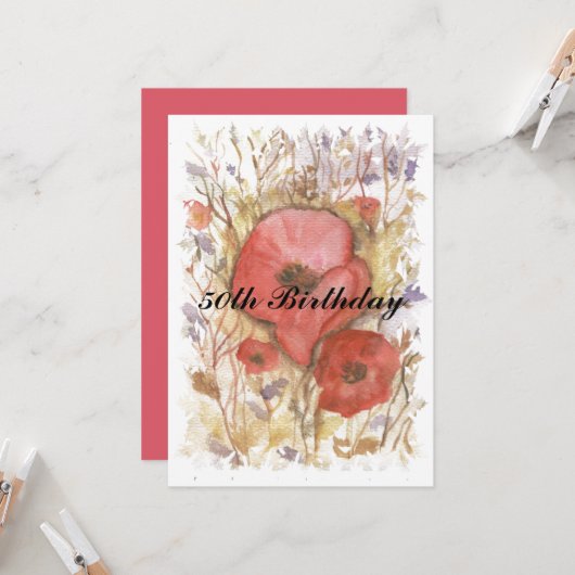 50e verjaardag Rode papaver Kaart (Voorkant / Achterkant in situ)