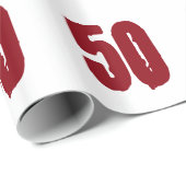 50e verjaardag, rode tekst op wit. cadeaupapier (Rol Hoek)