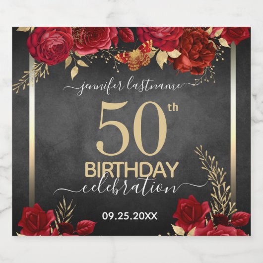 50e verjaardag rood en goud sparkling wijnetiket (Enkel label)