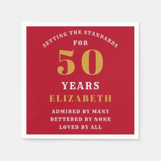 50e verjaardag, rood en goud, voeg Jouw naam toe Servet (Voorkant)