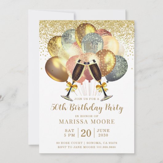 50e verjaardag Roos Gold en goudglitter Kaart (Voorkant)