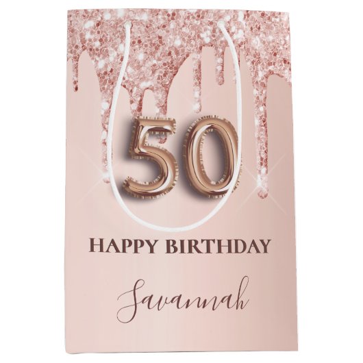 50e verjaardag roos goud glitter roze ballonstijl medium cadeauzakje