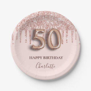 50e verjaardag roos goud glitter roze ballonstijl papieren bordje