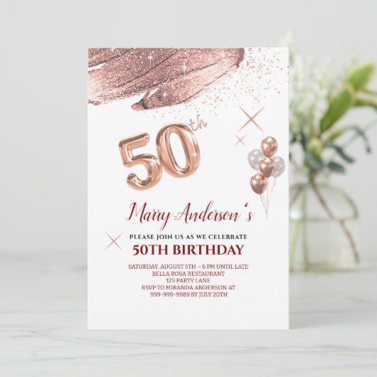 50e Verjaardag roos gouden blush druppels Uitnodig Kaart (Staand voorkant)