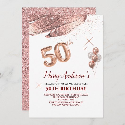 50e Verjaardag roos gouden blush druppels Uitnodig Kaart (Voorkant / Achterkant)