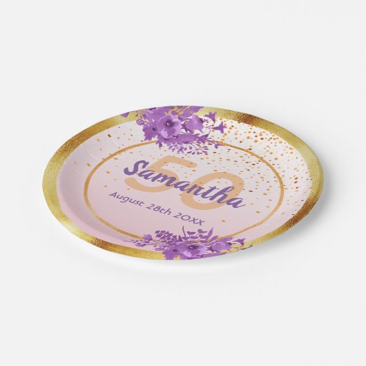 50e verjaardag roos gouden floraals naam papieren bordje (Gekanteld)