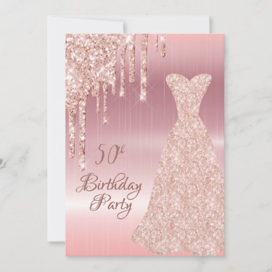 50e verjaardag roos gouden jurk glitter drip kaart (Voorkant)
