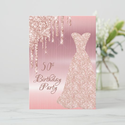 50e verjaardag roos gouden jurk glitter drip kaart (Staand voorkant)