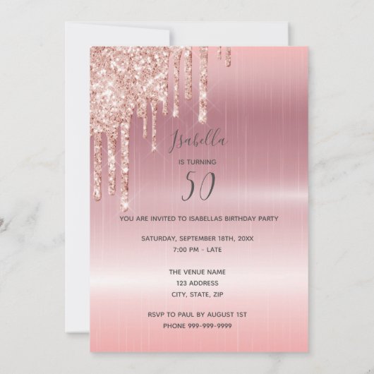 50e verjaardag roos gouden jurk glitter drip kaart (Achterkant)