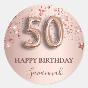 50e verjaardag roos gouden roze sterren ballonlett ronde sticker