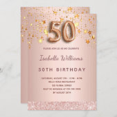 50e verjaardag roos gouden roze sterren ballonschr kaart (Voorkant / Achterkant)