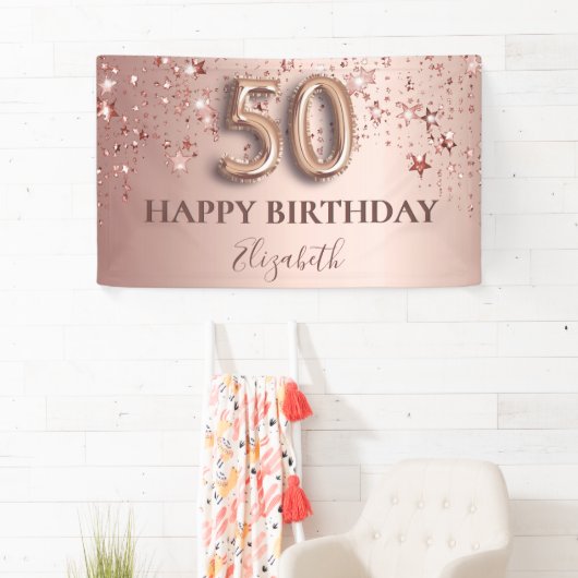 50e verjaardag roos gouden roze sterren ballonschr spandoek (Insitu)