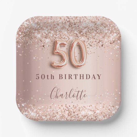 50e verjaardag roos gouden zwarte glitter naam papieren bordje (Voorkant)