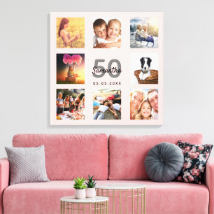 50e verjaardag roos gouden zwarte roze fotonaam canvas afdruk