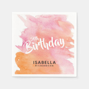 50e verjaardag Roze en Oranje Waterverf papier Servet