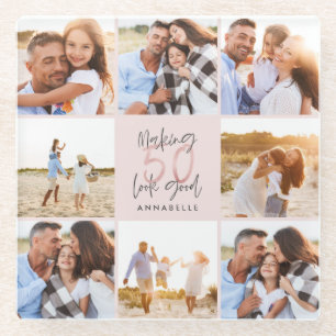 50e verjaardag roze girale fotocollage glazen onderzetter